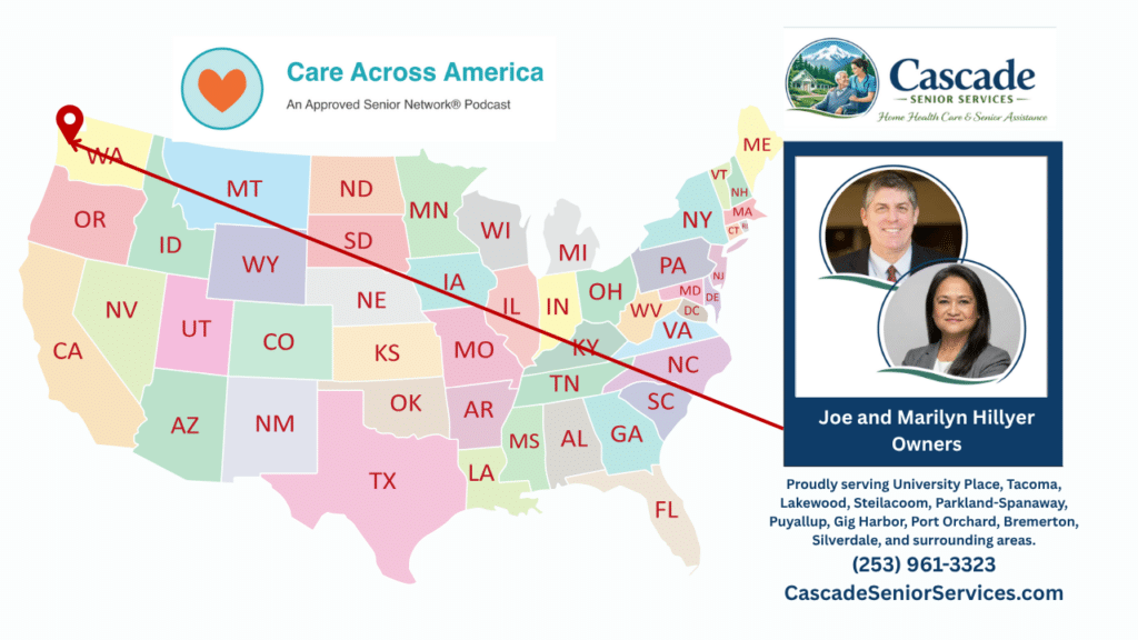 US map with a bold red route from Washington to North Carolina, flanked by the Care Across America logo on the left and a Cascade Senior Services card on the right.